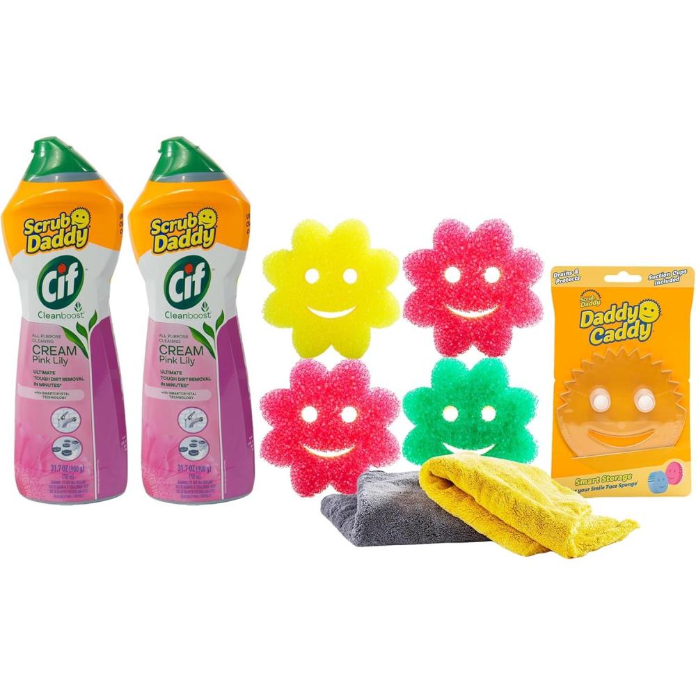 image:imageScrub Daddy Cleaning Supplies Kit Cif Floral Bundle Includes Scrub Mommy Dish Sponges Microfiber Towels Kitchen Sink Caddy amp Cif Cream All Purpose Cleaner Pink Lilly 9 Count
