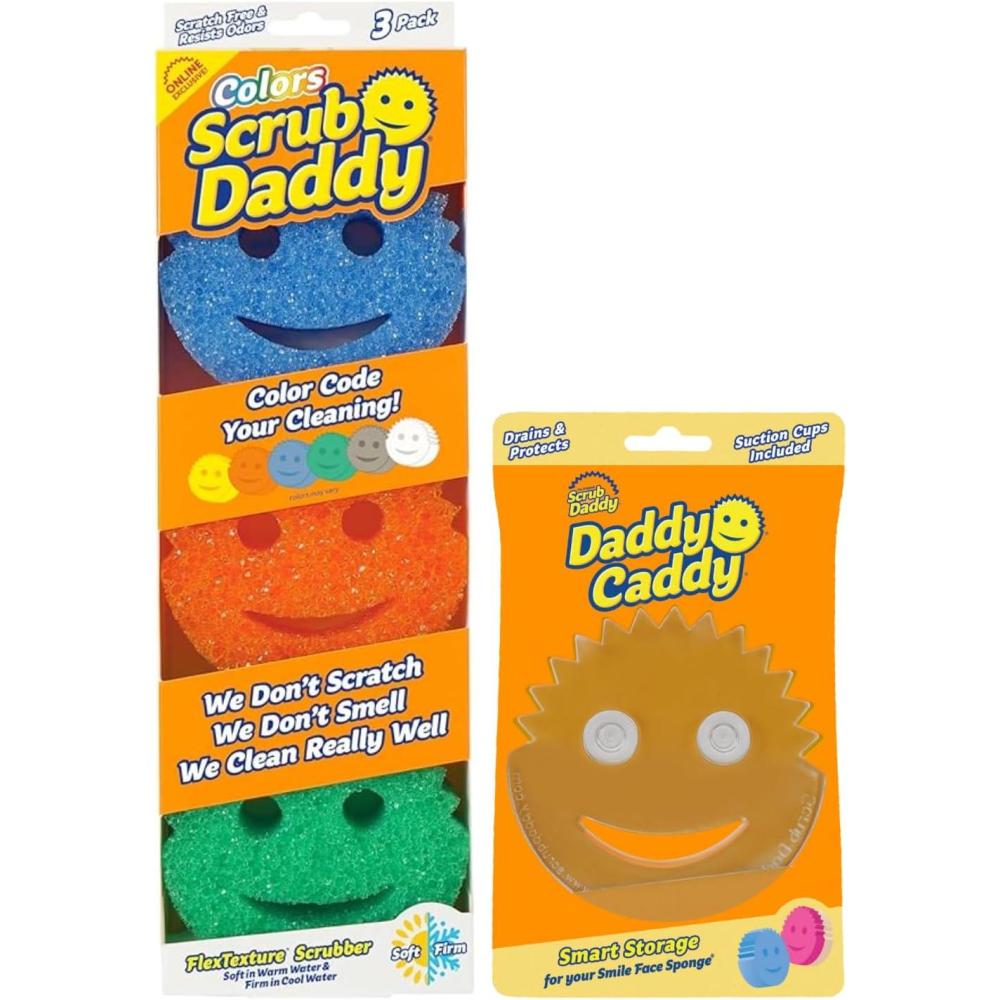 image:imageScrub Daddy Colors 3ct  Daddy Caddy  ScratchFree Multipurpose Dish Sponge  Sponge Holder  BPA Free amp Made with Polymer Foam  Stain amp Odor Resistant Kitchen Sponge