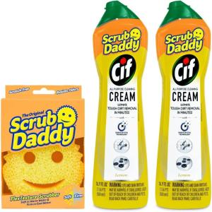 Scrub Daddy Sponges & Cif All Purpose Cleaner, Lemon – Non Scratch Sponges for Kitchen + Bathroom – Scrubber and Multipurpose Cleaner Cream – Cleaning Supplies Kit(Cif All Purpose Cleaner & Sponge)