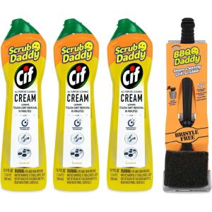 Scrub Daddy + Cif Bundle – Includes 3 Cif Cream All Purpose Cleaner, Lemon Scent and BBQ Daddy Bristle-Free Grill Brush (4 Count Set)