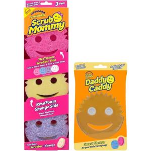 Scrub Daddy Scrub Mommy Colors 3ct + Daddy Caddy – Scratch-Free Multipurpose Dish Sponge + Sponge Holder – BPA Free & Made with Polymer Foam – Stain & Odor Resistant Kitchen Sponge
